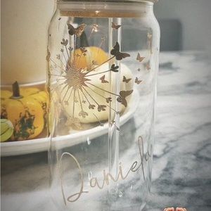 Personalized name / dandelion butterflies,16 ounce glass Can Shaped w/Bamboo Lid